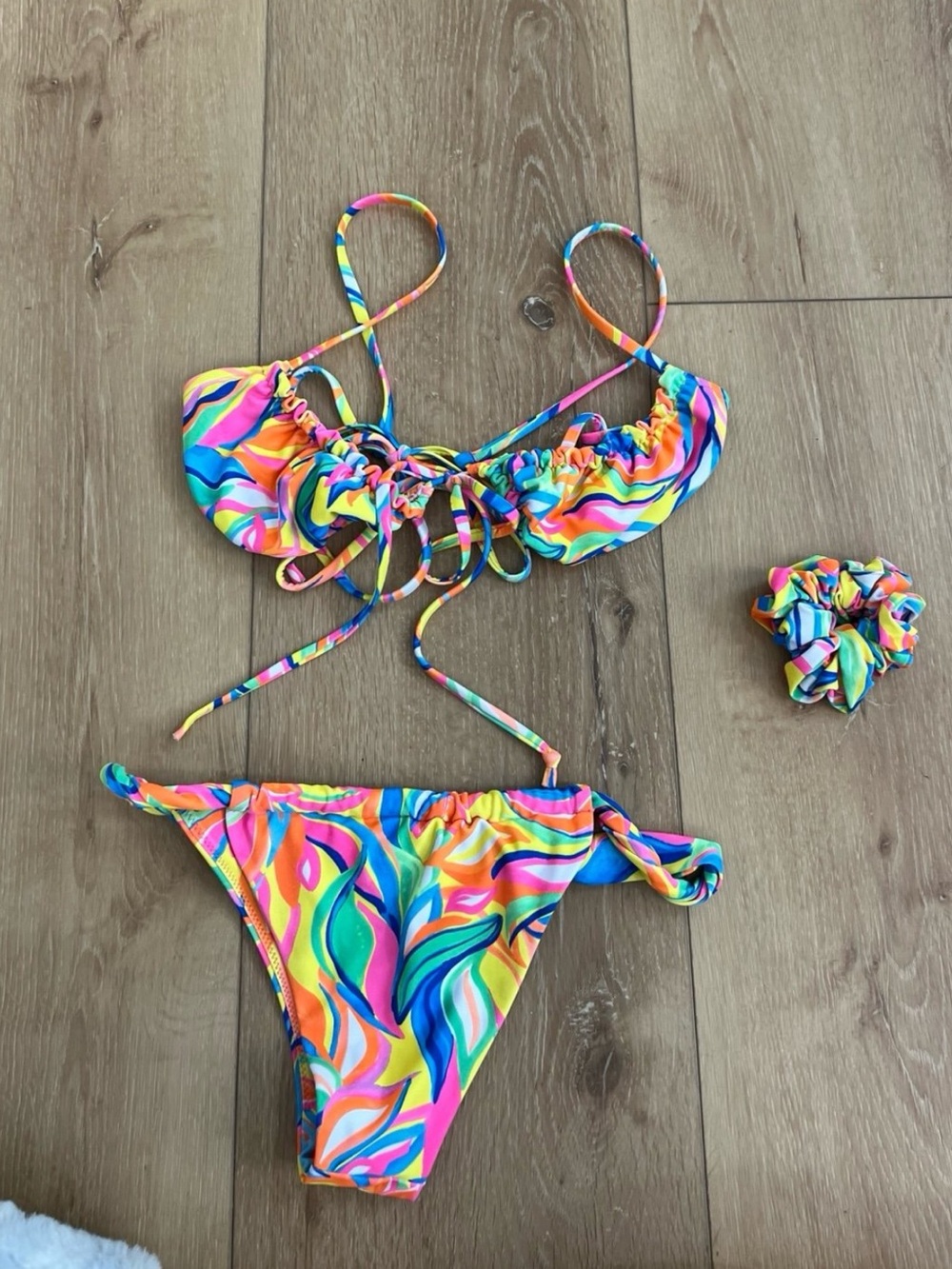 Kulani Kinis Multicolor Swirl Tie-Front Bikini with Scrunchie